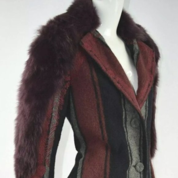 New* BCBGMAXAZRIA Runway Jaegar Fur Coat Burgundy/Black/Grey Size XS-S $4498.00 - Picture 7 of 10